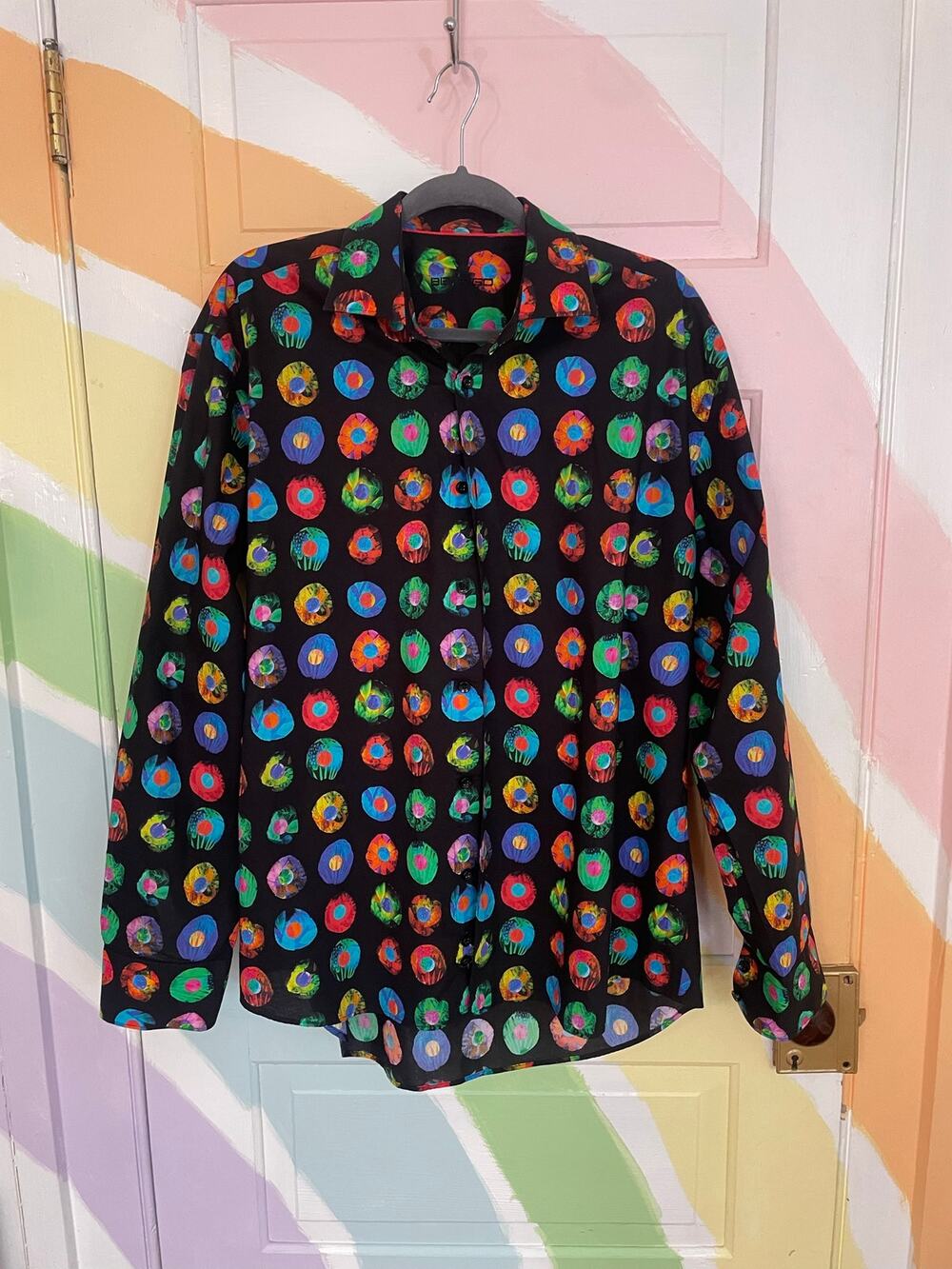 Bertigo Men's XL Black Multicolor Abstract Circle Print Button Up Shirt Art Pop